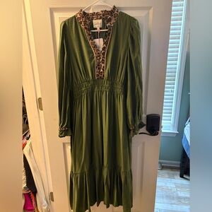 NWT Umgee Green Leopard Trim Ruffle Dress Size Large